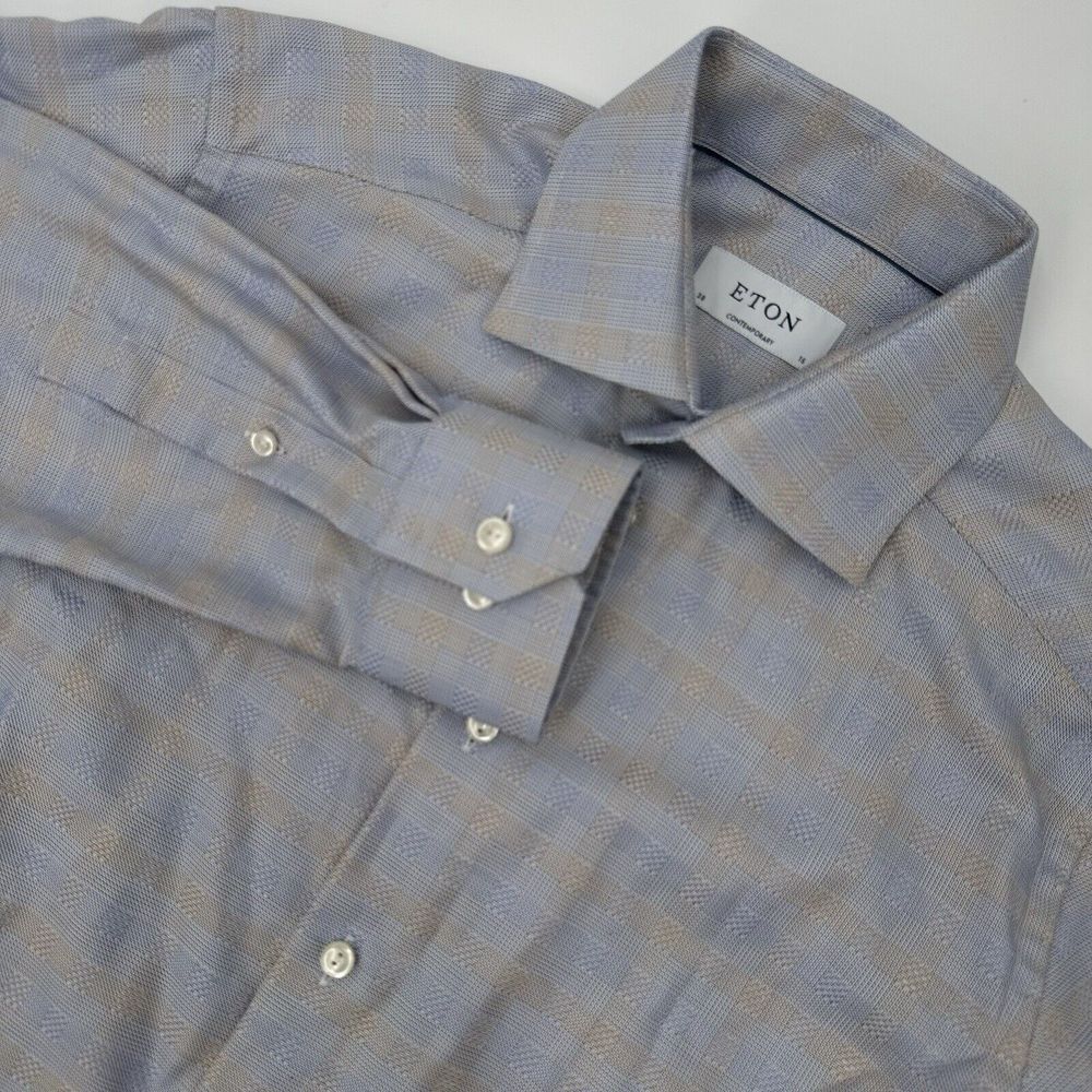 Eton Multi Color Textured Twill Long Sleeve Button Front Shirt Sz 38/15